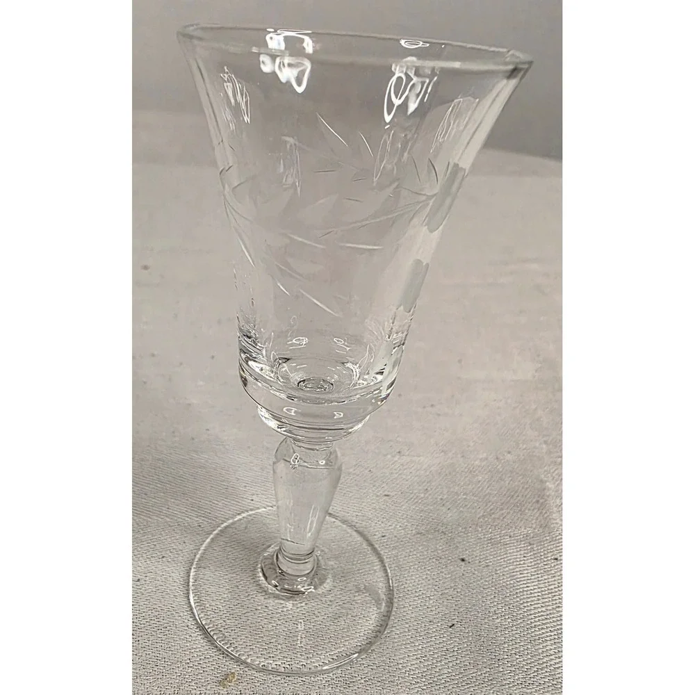 Vtg. Etched Crystal Cordial Glasses Set of 6 Floral Leaf Stemware 3.75 Inch 1 oz